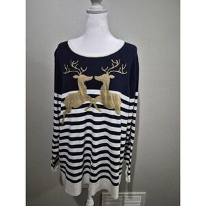 Crown & Ivy Women's Sweater Blue Stripe Reindeer Size 2X Classic Preppy Nautical
